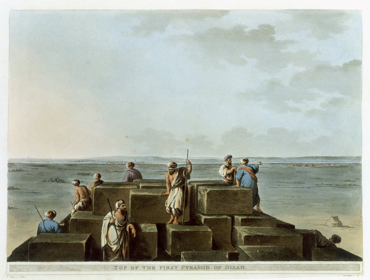 Toppen av den första pyramiden i Giza, skylt 4 från "Views of Egypt", graverad av Thomas Milton (1743-1827) pub. av Robert Bowyer (1758-1834) 1801 (akvatint) av Luigi Mayer