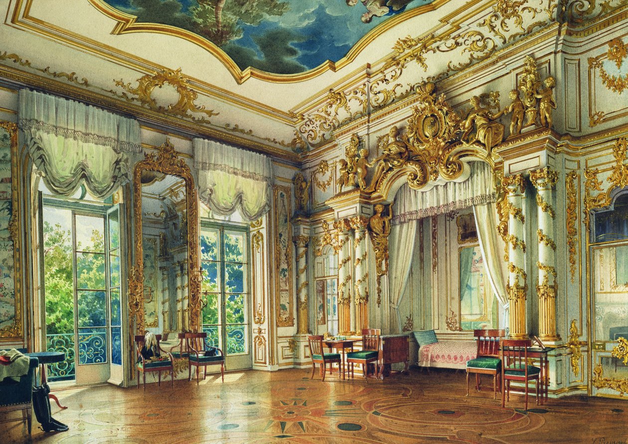 Tsar Alexander I:s sovrum i Alexanderpalatset, Tsarskoye Selo, 1855 (wc och vit färg på papper) av Luigi Premazzi