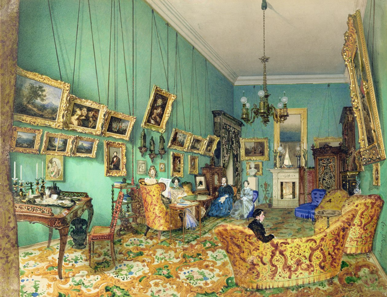 Interiör i ett vardagsrum, 1847 (akvarell och vit färg på papper) av Luigi Premazzi