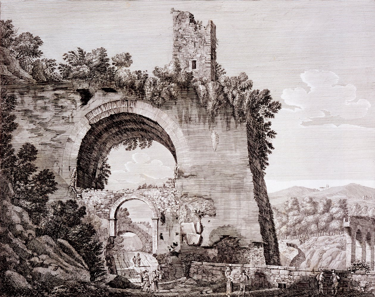Rester av den akvedukt som Claudius byggde och som förde vatten till det antika Rom från Anio, nära Tivoli, ca 1824-26 av Luigi Rossini