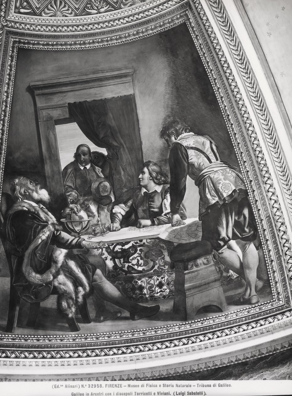 aGalileo Galilei (1564-1642) in Arcetri with his pupils, Evangelista Torricelli (1608-47) and Vincenzo Viviani (1622-1703) from the Tribune of Galileo av Luigi Sabatelli