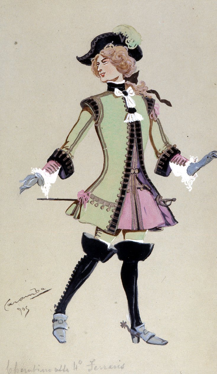 Kostymdesign för Cherubino, från Figaros bröllop av Wolfgang Amadeus Mozart, 1905 av Luigi Sapelli Caramba