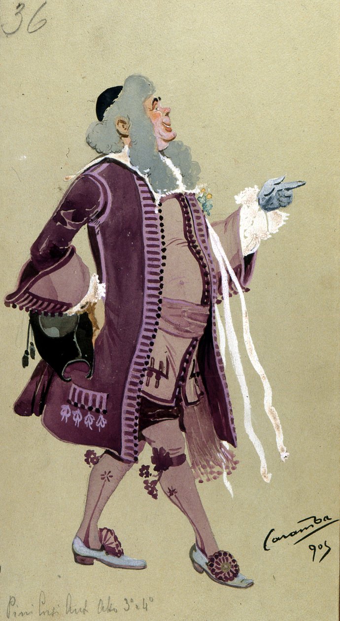 Kostymdesign för Don Bartolo, från Figaros bröllop av Wolfgang Amadeus Mozart, 1905 av Luigi Sapelli Caramba