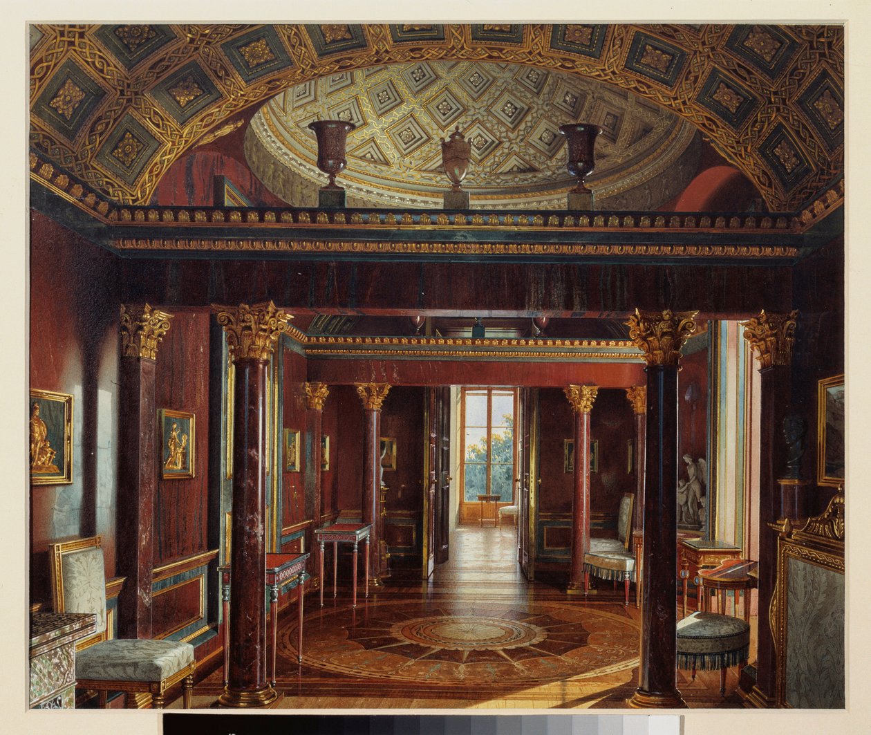 Agate (Agate) Room (eller Jasper Cabinet), i Grand Palace of Tsarkoye Selo. Verk av Luigi Premazzi (1814-1891), akvarell på papper av Luigi Premazzi