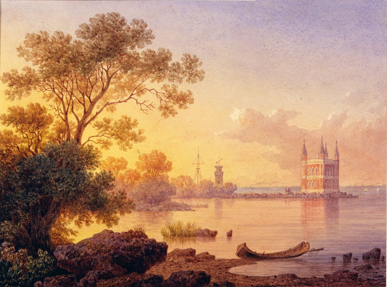 Vy över den rosa paviljongen (Ozerki) i Peterhof (Saint Petersburg). Verk av Luigi Premazzi (1814-1891), akvarell på papper. Italiensk konst från 1800-talet, akademiism. Statens friluftsmuseum Peterhof, Sankt Petersburg. av Luigi Premazzi