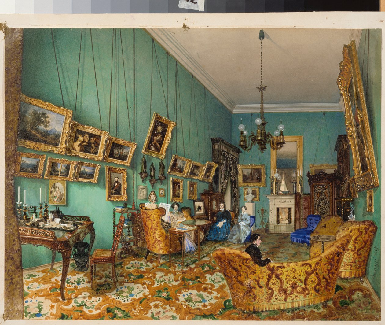 Interiör av ett vardagsrum. (beskrivning av rysk dekor och möbler på 1800-talet). Verk av Luigi Premazzi (1814-1891), akvarell på papper av Luigi Premazzi