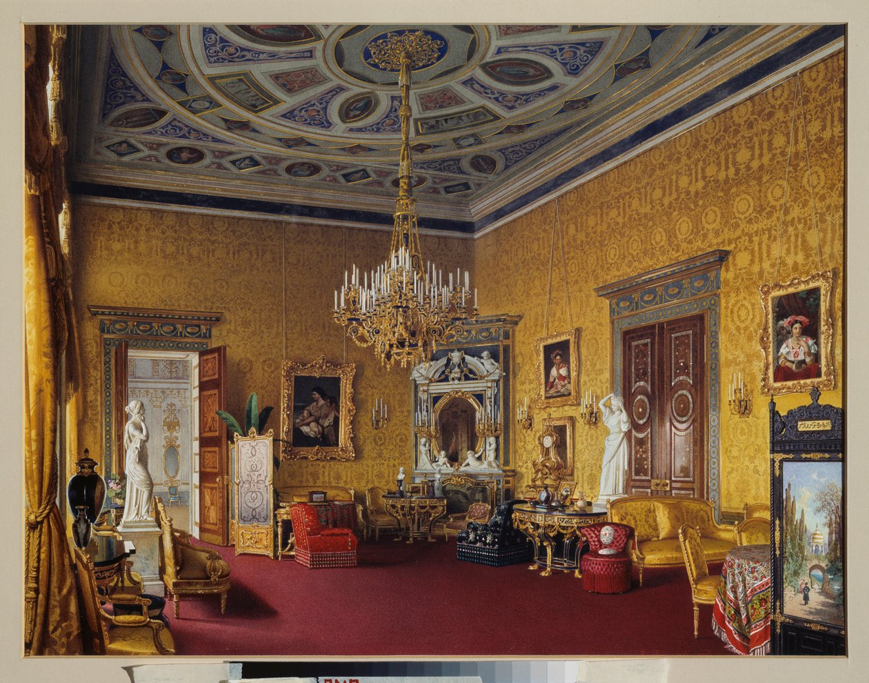 Lyonshallen (den gula ritsalen) i Tsarkoje Selos stora palats (Ryssland). Verk av Luigi Premazzi (1814-1891), akvarell på papper av Luigi Premazzi
