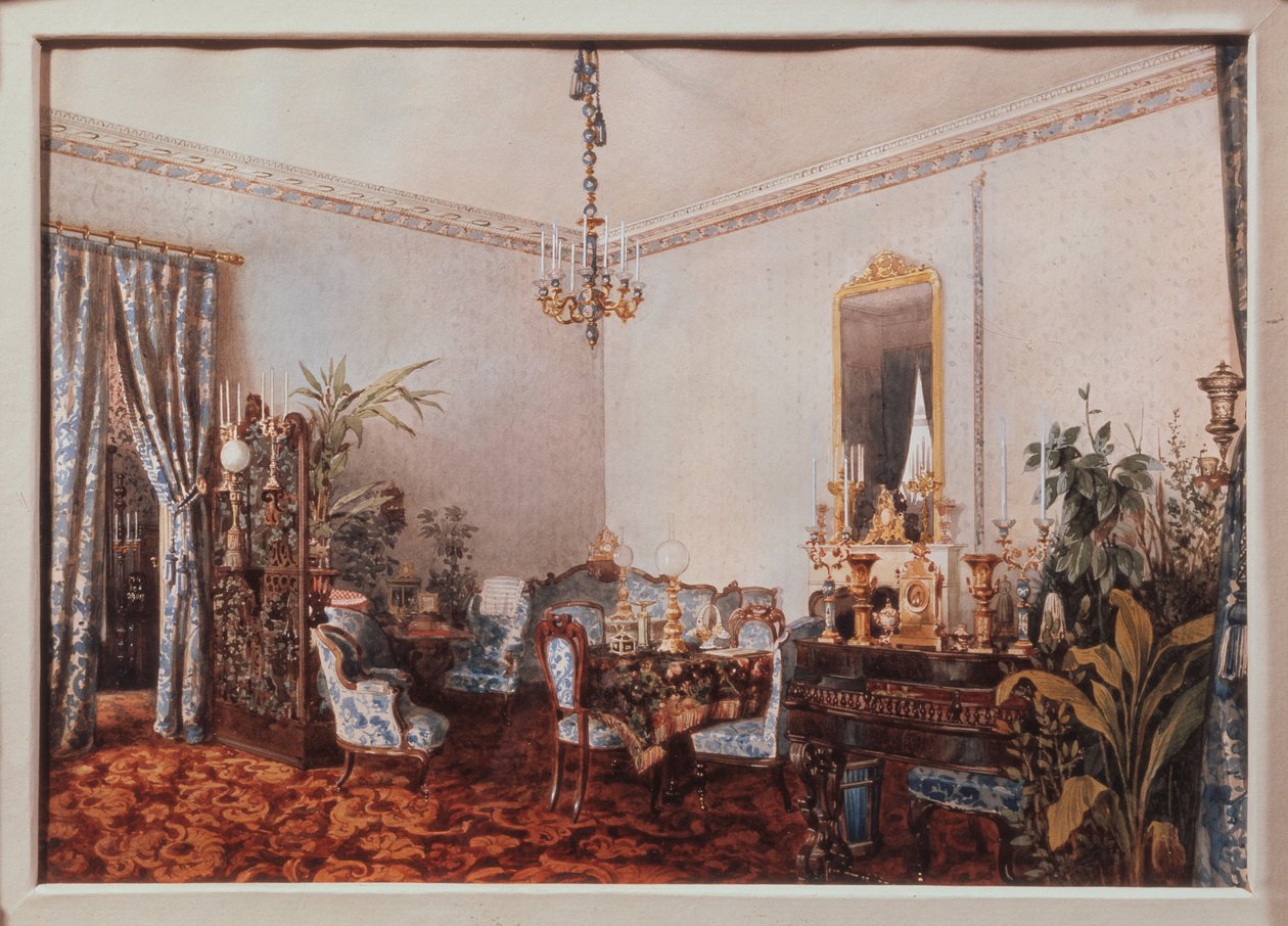 Salongen i Varvara Obreskovahuset. Verk av Luigi Premazzi (1814-1891), akvarell på papper av Luigi Premazzi