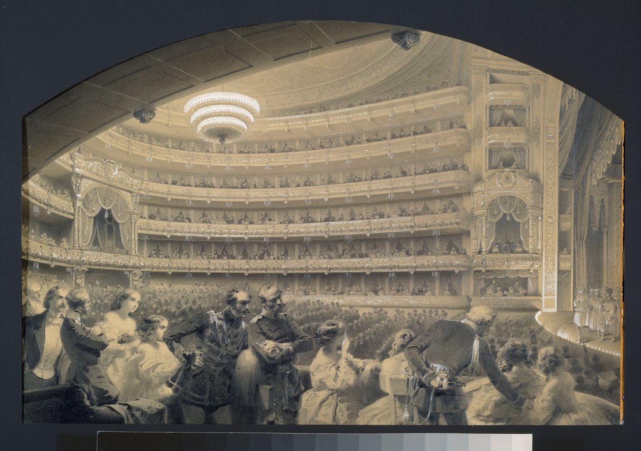 Auditoriet för den kejserliga teatern Bolchoi Kammeny i Sankt Petersburg. Konstverk av Luigi Premazzi (1814-1891), akvarell och vitt på papper, cirka 1850. Italiensk konst av Luigi Premazzi