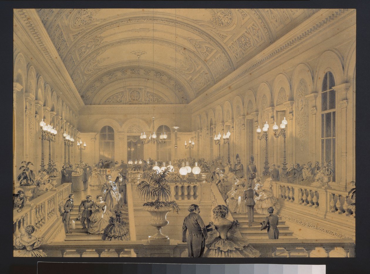 Trappan till den kejserliga teatern Bolchoi Kammeny, i Sankt Petersburg. Konstverk av Luigi Premazzi (1814-1891), akvarell och vitt på papper, cirka 1850. Italiensk konst av Luigi Premazzi