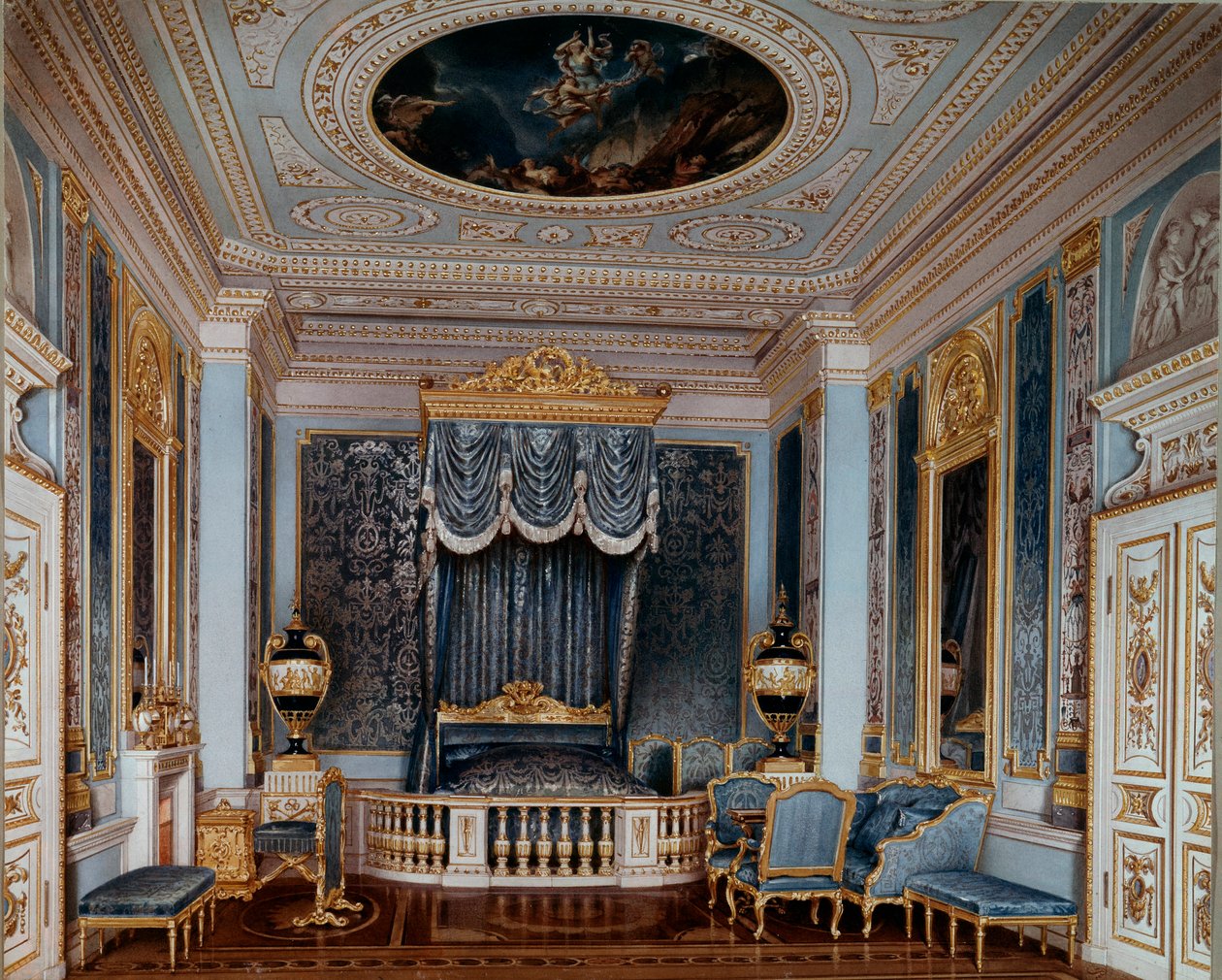 Utsikt över tsar Alexander II:s (1818-1881) sovrum vid Gatchina-palatset Tryck av Luigi Premazzi (Ludwig Osipovich) (1814-1891) St. Petersburg från 1800-talet, Hermitagemuseet av Luigi Premazzi