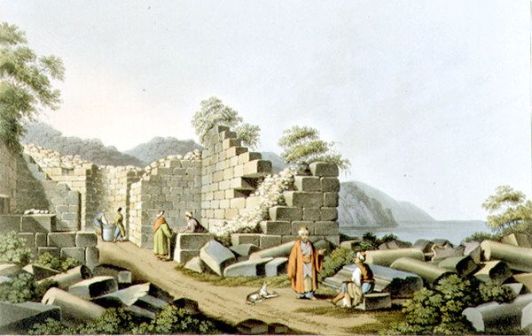 Ruinerna av ett forntida tempel på Samos, skylt 58 från "Views in the Ottoman Dominions", pub. av R. Bowyer av Luigi (after) Mayer
