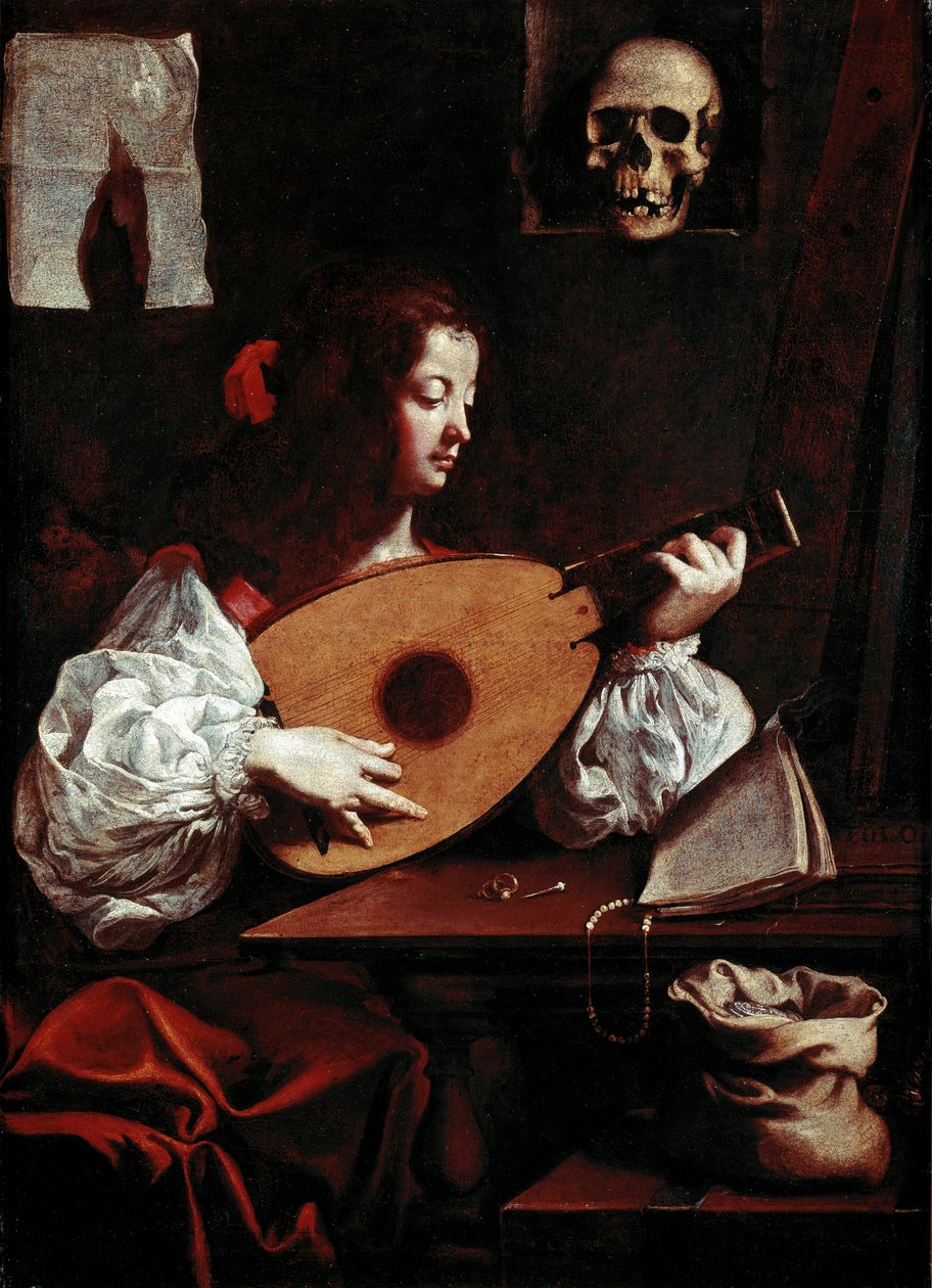 Lutspelaren Nära partituret ställs två ringar, en nål och en dödskalle (vanitas) läggs på ett stativ. Målning av Luigi Miradori dit Il Genovesino (1600/10-1655/57) Galleria di Palazzo Rosso Genes Italien från 1600-talet av Luigi Miradori