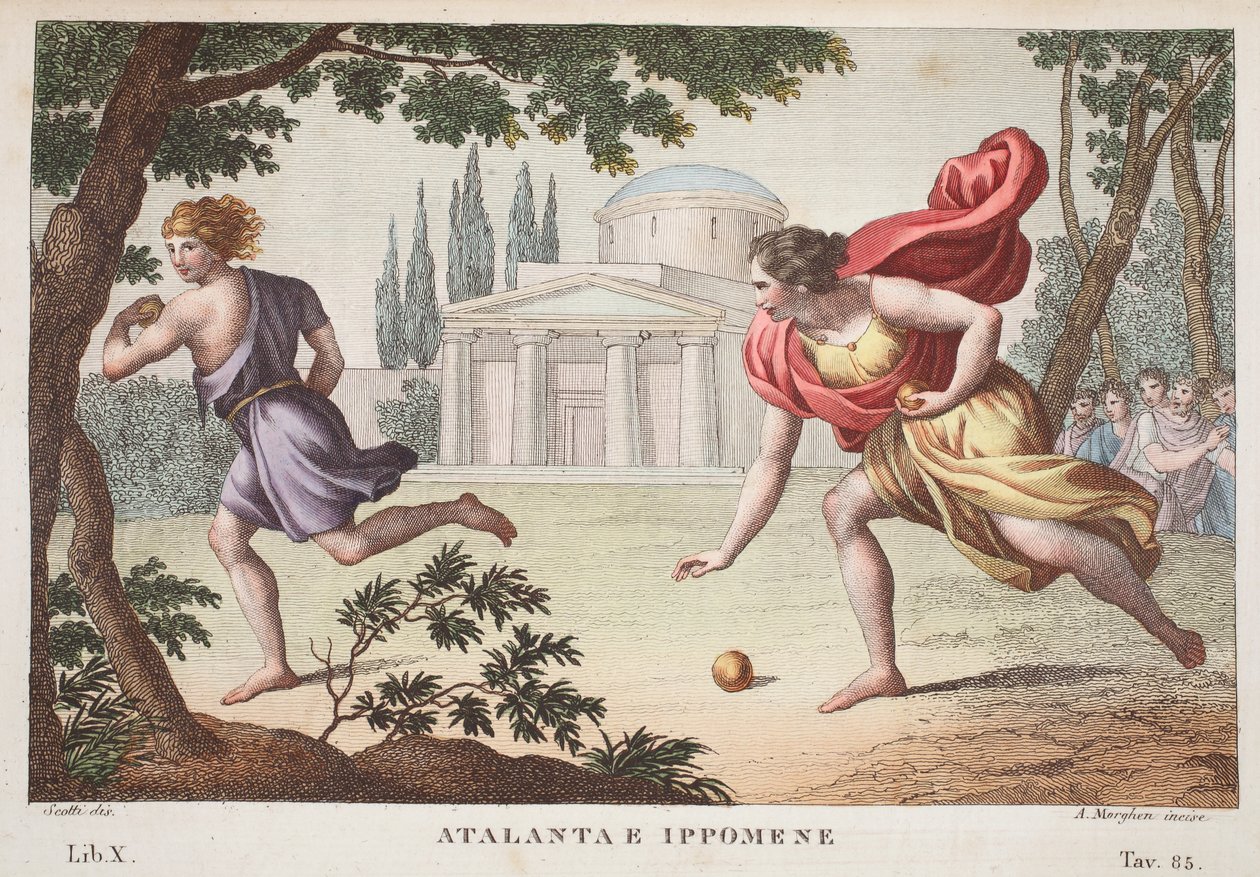Atalanta och Hippomenes eller Atalanta e Ippomene, Bok X, illustration från Ovidius Metamorphoses, Florens, 1832 (handfärgad gravyr) av Luigi Ademollo