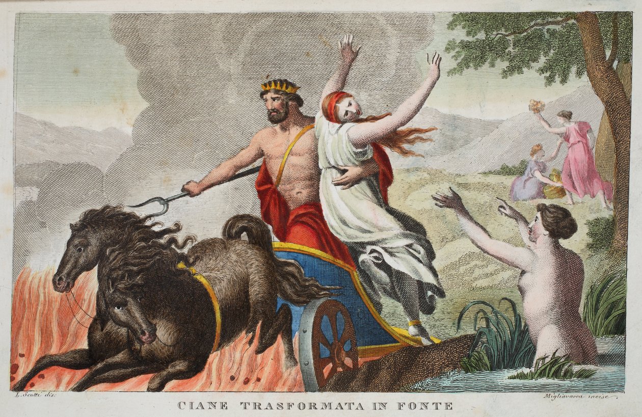 Cyane and the Rape of Proserpina eller Ciane Transformata in Fonte, Book V, illustration från Ovid
