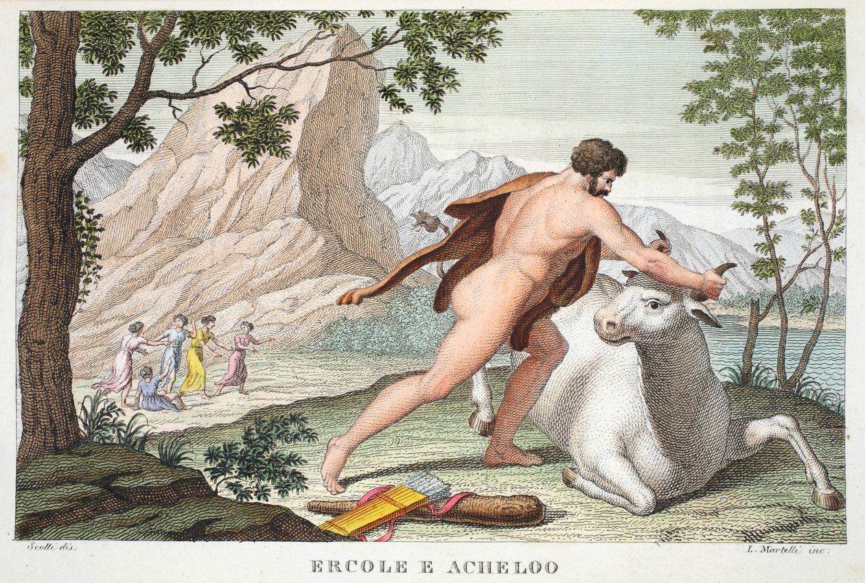 Hercules and Achelous eller Ercole e Acheloo, bok IX, illustration från Ovidius