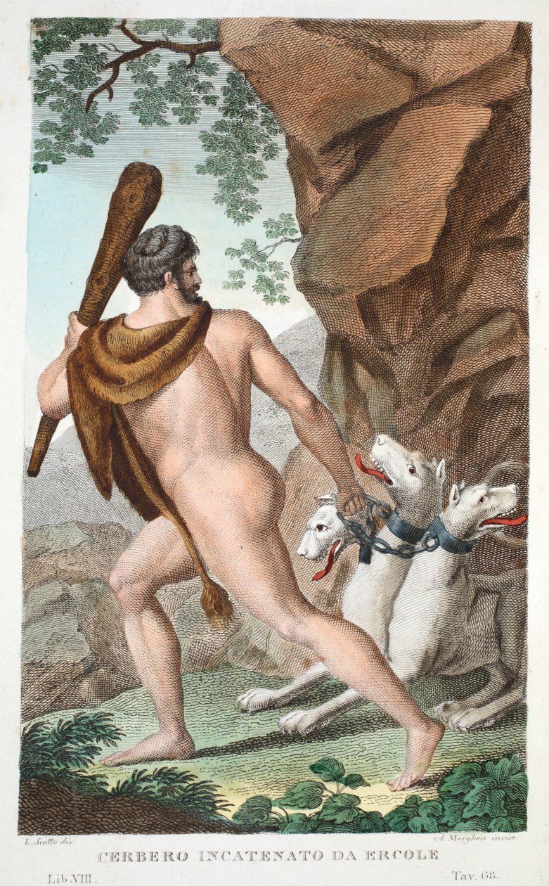 Hercules och Cerberus eller Cerbero Incatenato da Ercole, Bok VII, illustration från Ovidius