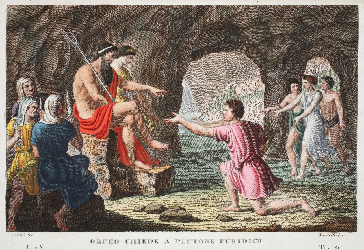 Orfeus i helvetet eller Orfeo Chiede a Plutone Euridice, bok X, illustration från Ovidius