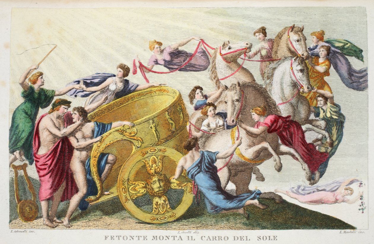 Phaeton kör solens vagn eller Fetonte Monta il Carro del Sole, bok II, illustration från Ovidius Metamorfoser, Florens, 1832 (handkolorerat gravyr) av Luigi Ademollo