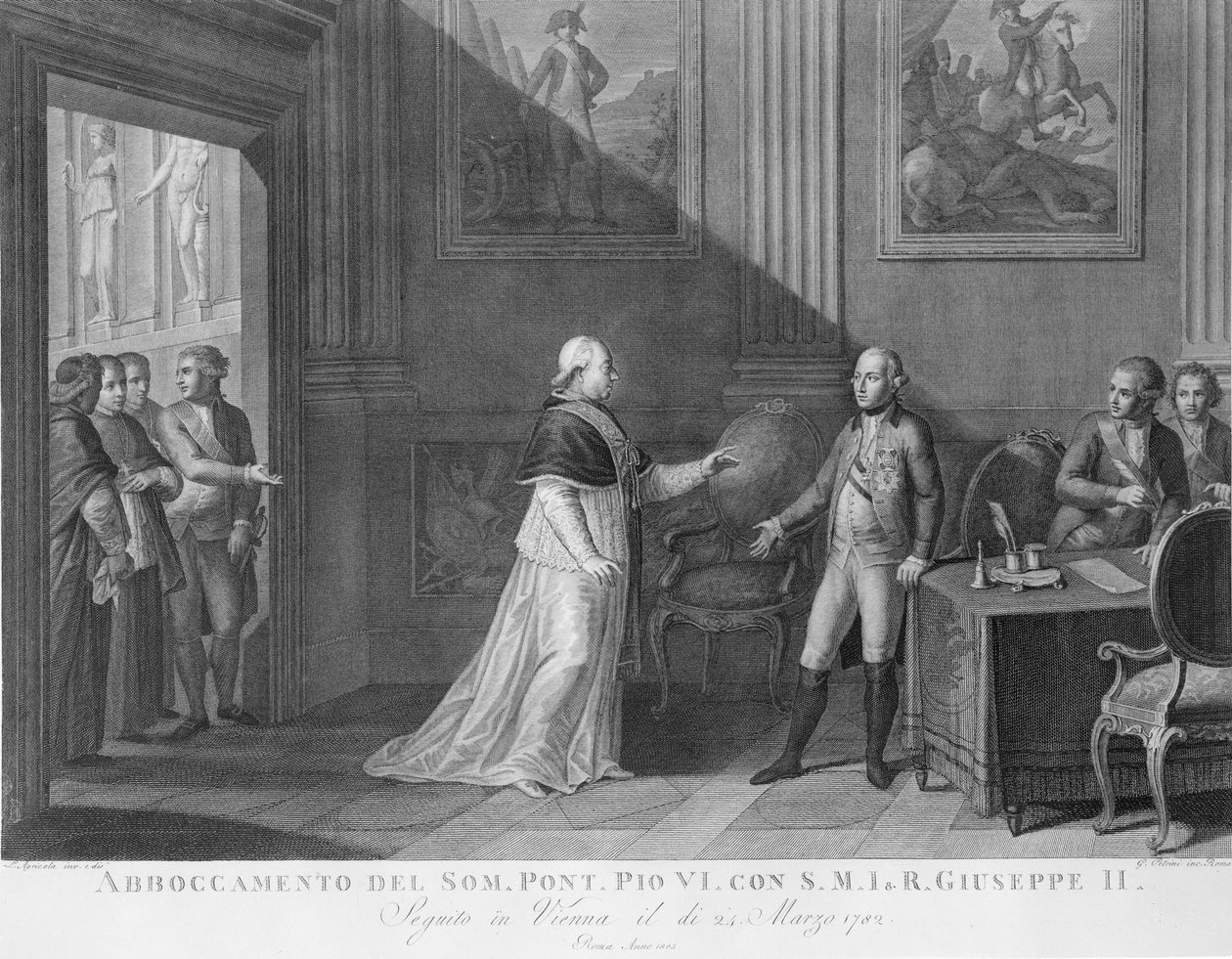 Intervju mellan påven Pius VI och kejsar Josef II i Wien (gravyr) av Luigi Agricola