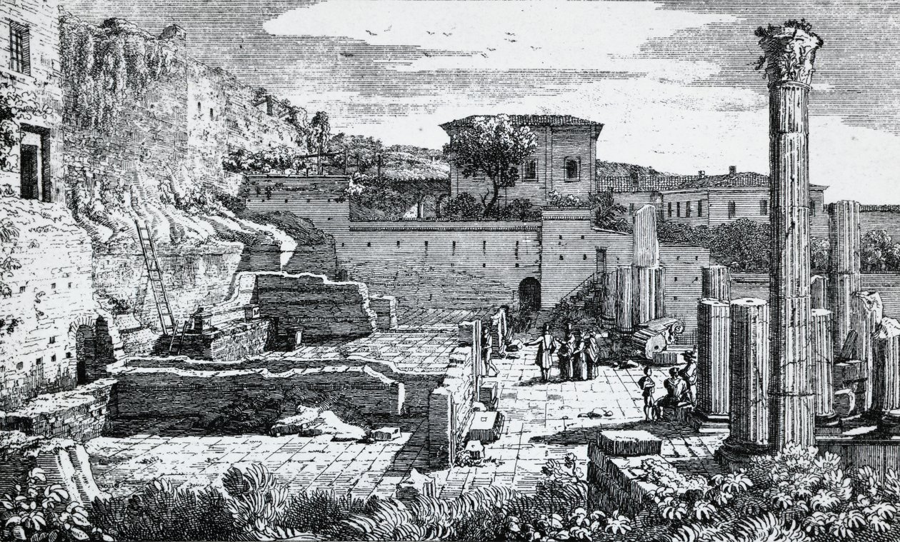 Ruinerna av Vespasianustemplet i Brescia, gravyr av Louis Basiletti (1780-1860), Italien av Luigi Basiletti