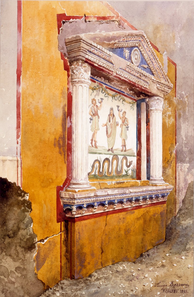 Lararium av familjealtare, sett på plats efter utgrävningen, Aulus Vettius hus, Pompeji, ca 36-39 e.Kr., 1895 av Luigi Bazzani