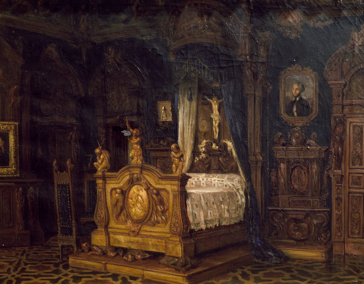 Interiör i sovrummet av adelsmannen Gian Giacomo Poldi Pezzoli, ca 1860 av Luigi Bisi