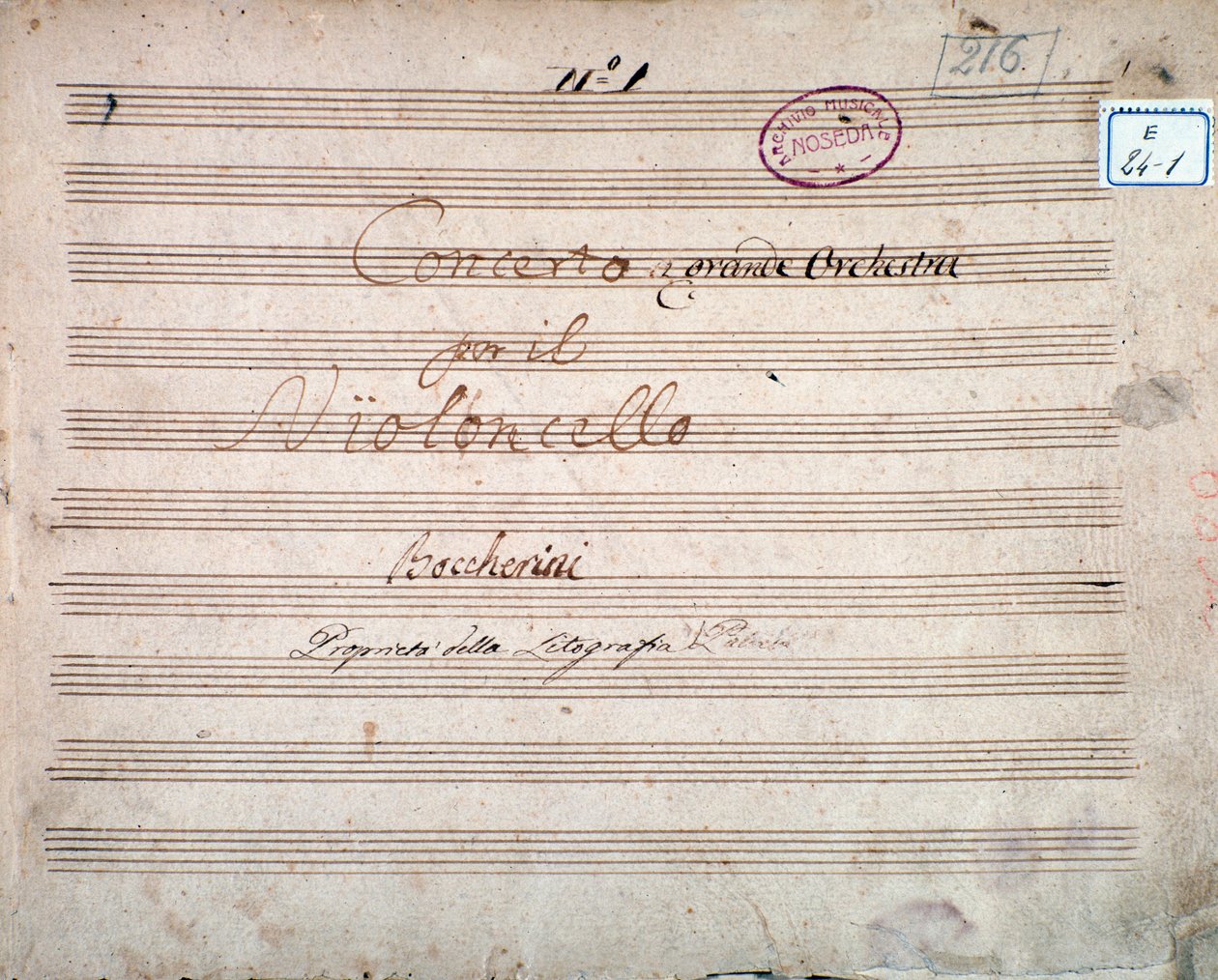 Första sidan signerad av författaren till partituren till Concerto för cello och orkester i Es, av Luigi Boccherini av Luigi Boccherini