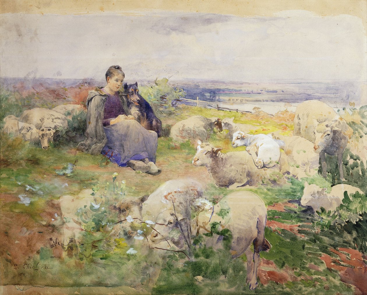 En herdinna med sin flock, av Luigi Chialiva