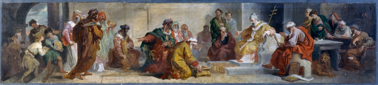 Påven Damasus tar emot personligheter från öst, av Luigi Fontana (1827-1908), förberedande skiss för fresker i basilikan San Lorenzo i Damaso i Rom, Italien av Luigi Fontana