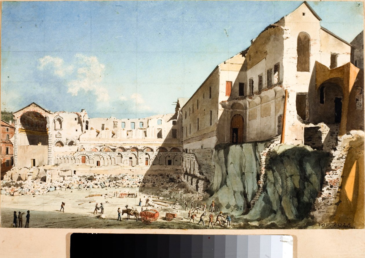 Byggarbetsplats för rivning av kyrkan och klostret Saint Dominica i Genua (akvarell, cirka 1825) av Luigi Garibbo