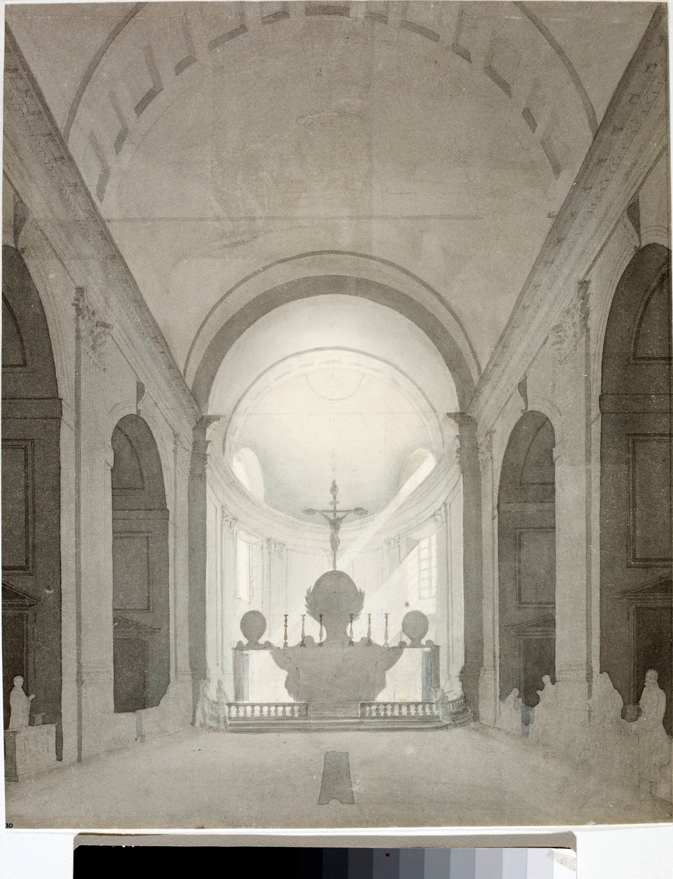 Interiörvy av en kyrka (teckning och akvarell, ca 1825) av Luigi Garibbo