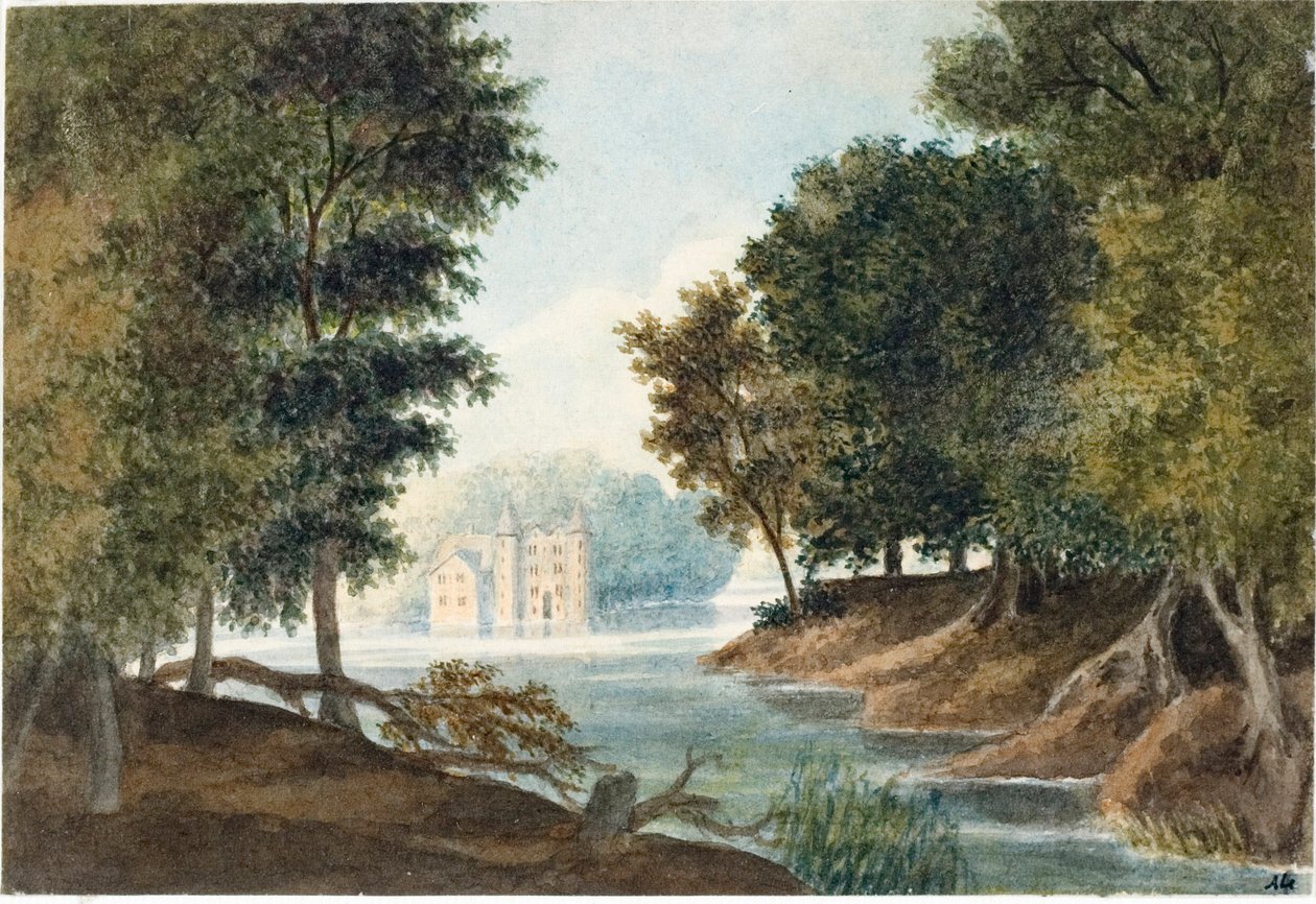 Landskap med flod och villa (akvarell, ca 1825) av Luigi Garibbo