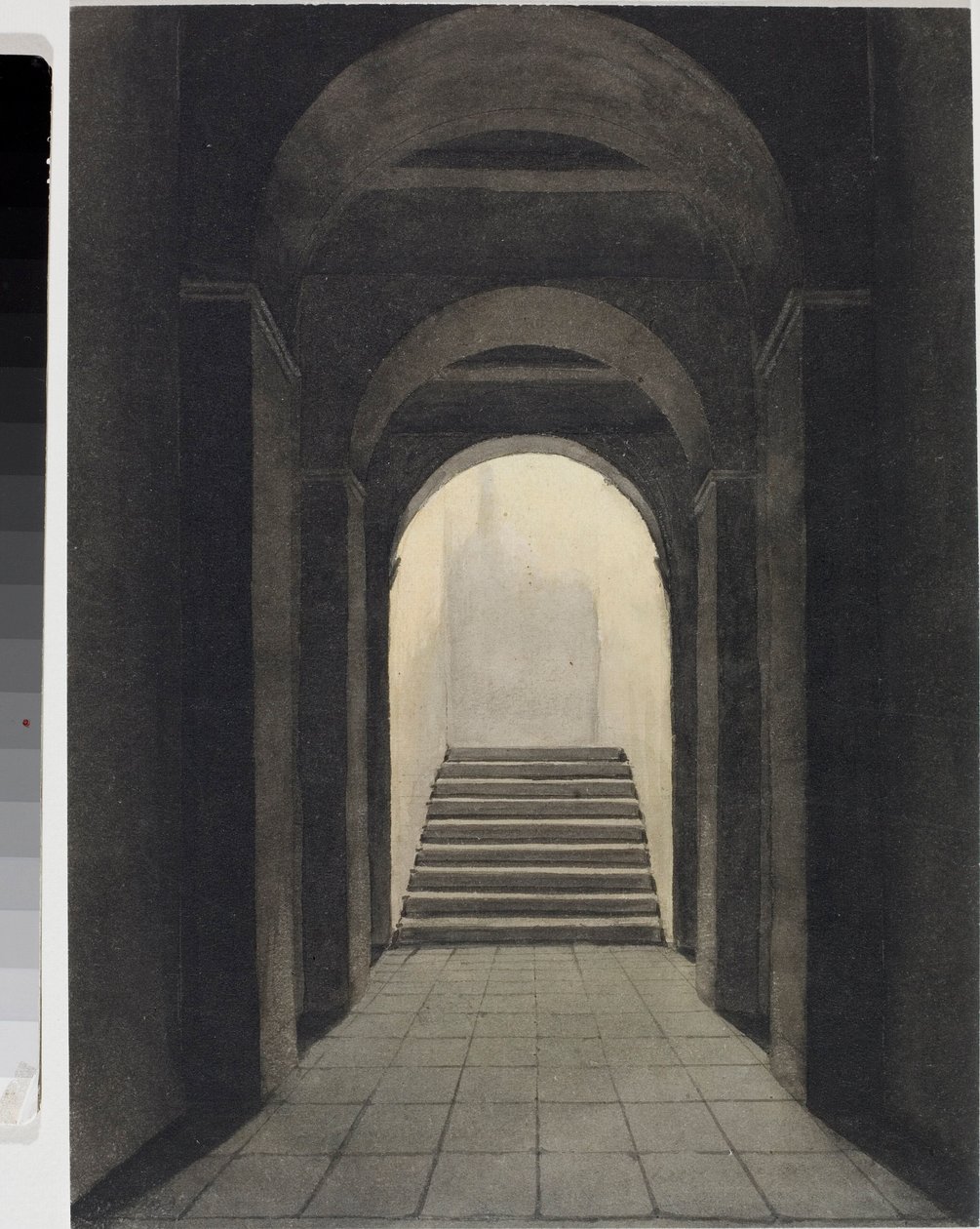 Perspektiv av korridoren vid Capuchins Convent, i Genua (akvarell, ca 1825) av Luigi Garibbo