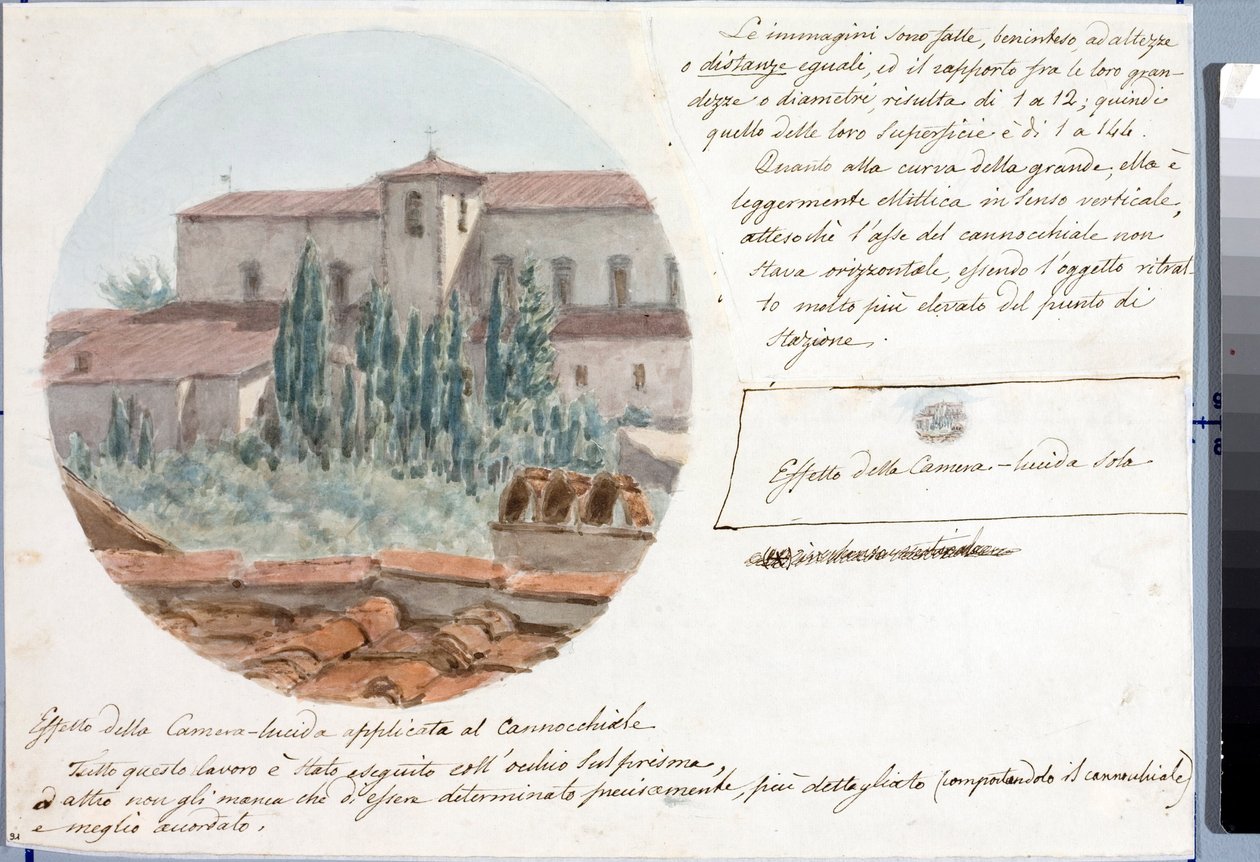 Teleskopvy av kyrkan San Salvatore al monte nära Florens (teckning och akvarell, ca 1833) av Luigi Garibbo