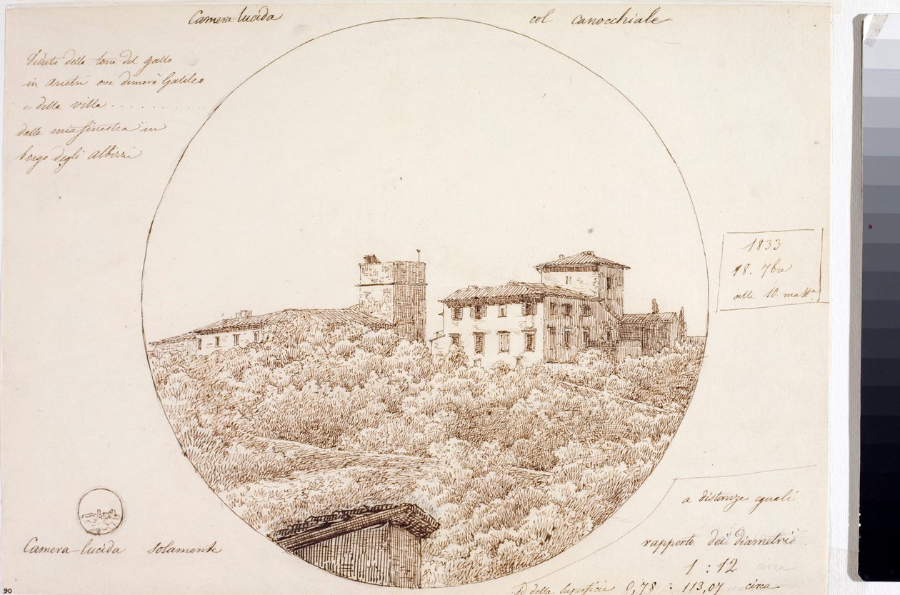 Teleskopvy av Torre del Gallo vid Arcetri nära Florens (teckning, ca 1833) av Luigi Garibbo