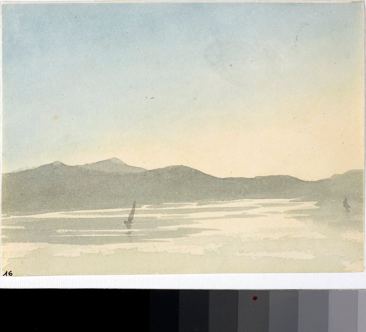 Utsikt över en sjö i gryningen (akvarell, ca 1825) av Luigi Garibbo