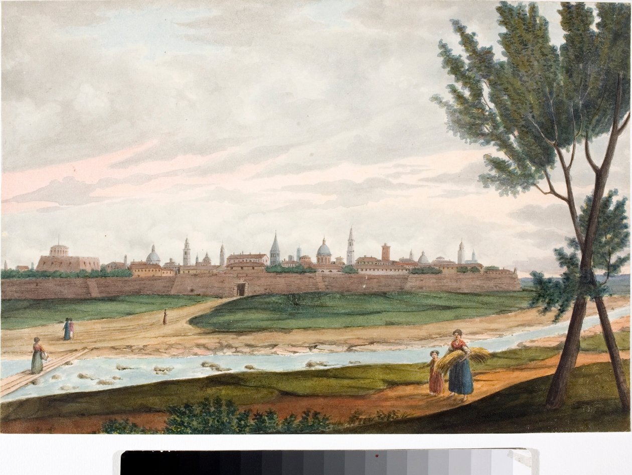 Utsikt över en muromgärdad stad, troligen Lucca i Toscana (bläck och akvarell, ca 1820) av Luigi Garibbo