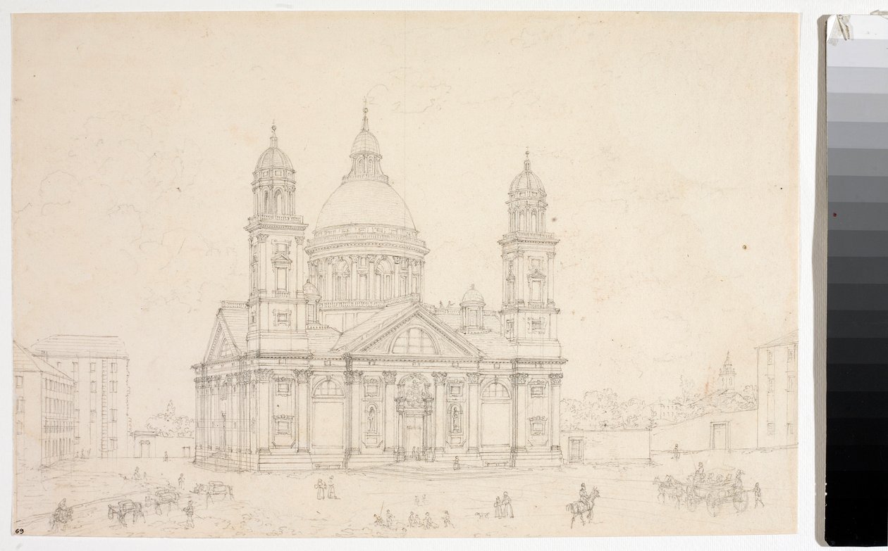Utsikt över basilikan Santa Maria Assunta di Carignano i Genua (ritning av Luigi Garibbo