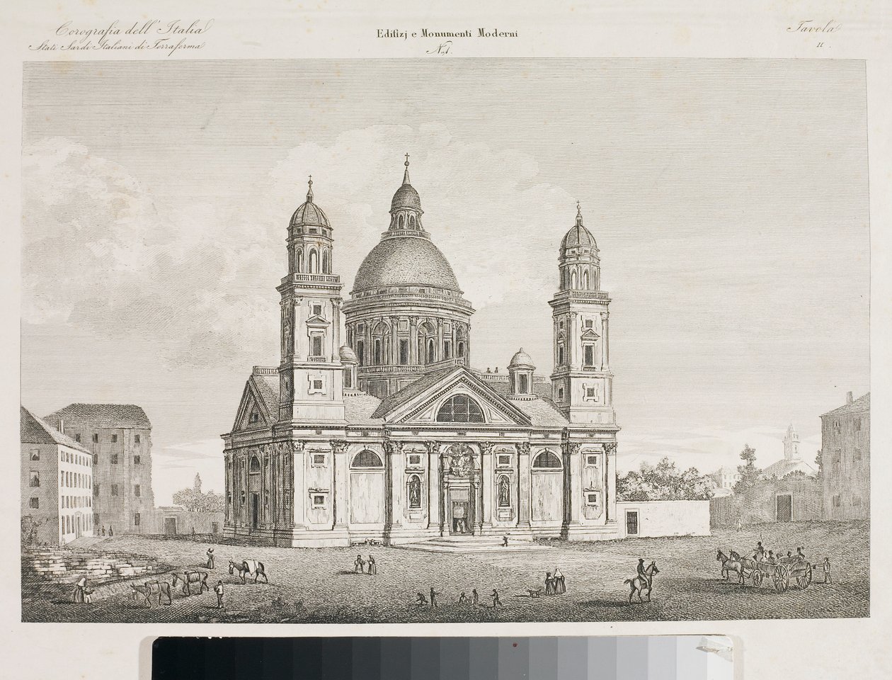 Utsikt över basilikan Santa Maria Assunta di Carignano i Genua (etsning av Luigi Garibbo