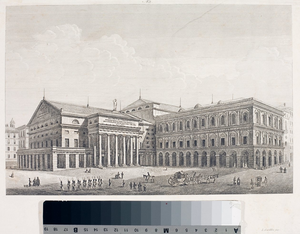 Utsikt över Carlo Felice-teatern och Accademia-palatset i Genua (Etsning av Luigi Garibbo