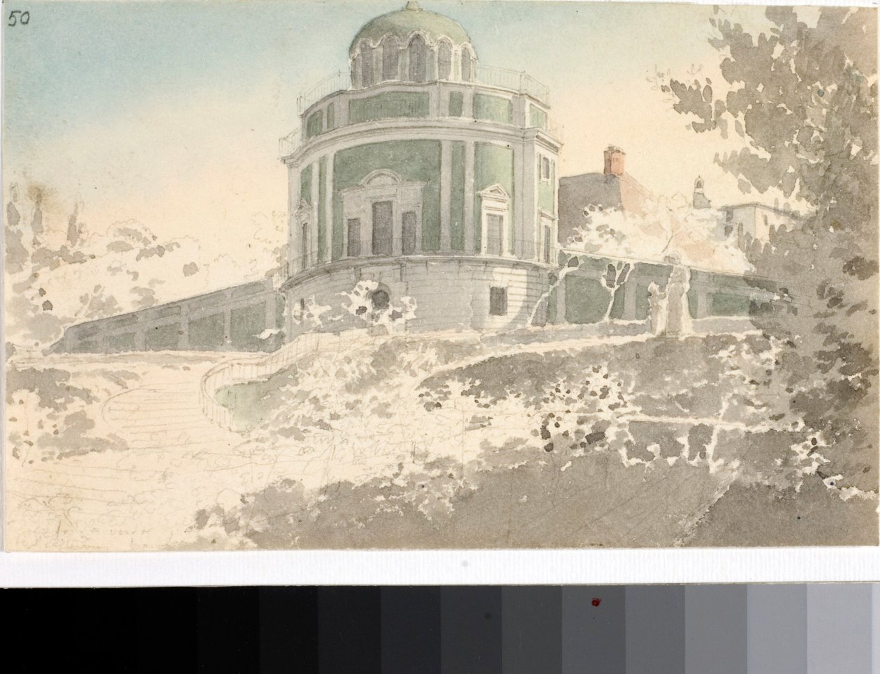 Utsikt över Pavilion Kaffeehause i trädgårdarna i Boboli (Akvarell, cirka 1825) av Luigi Garibbo