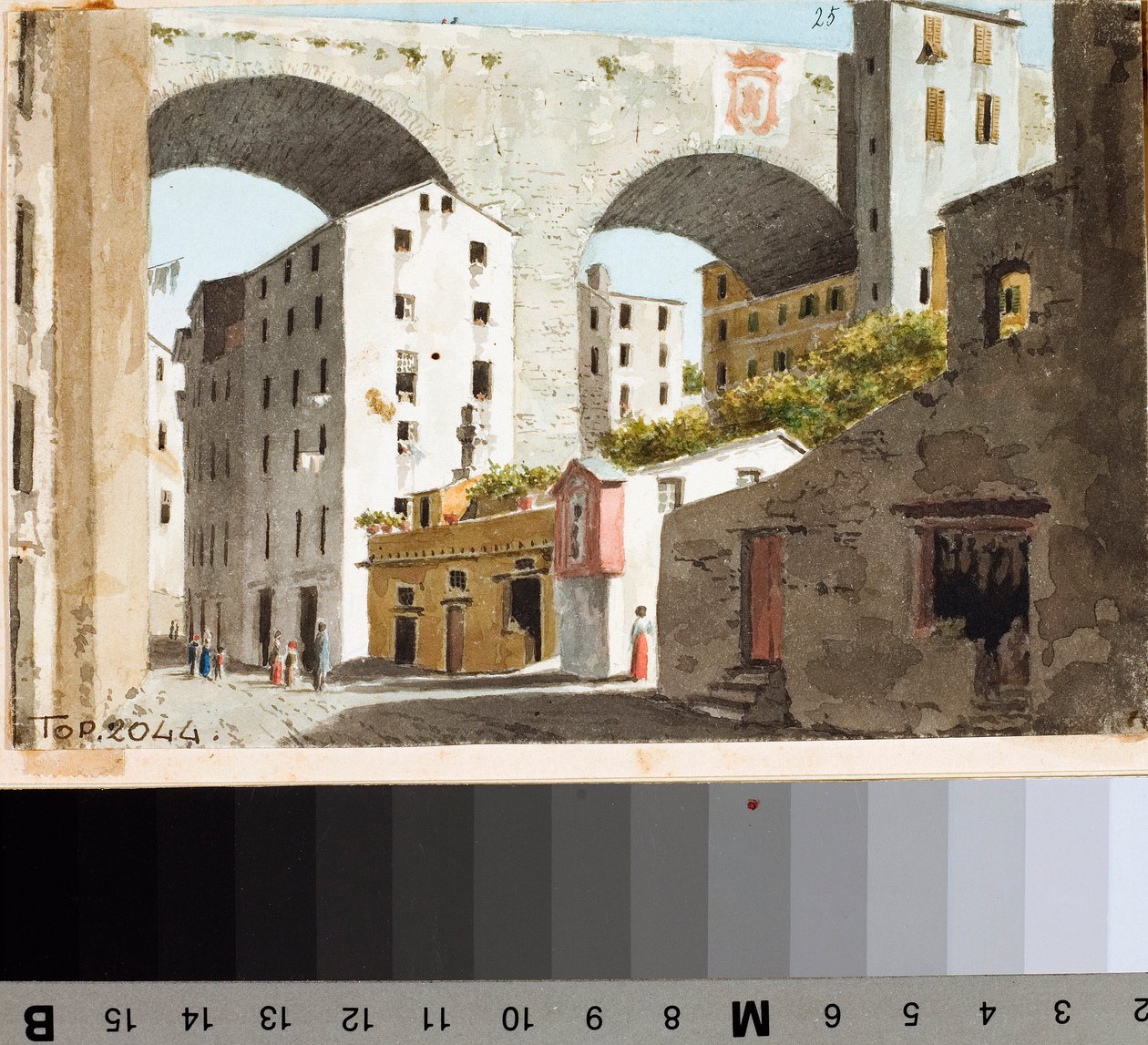 Utsikt över bron Carignano i Genua (teckning och akvarell, ca 1825) av Luigi Garibbo