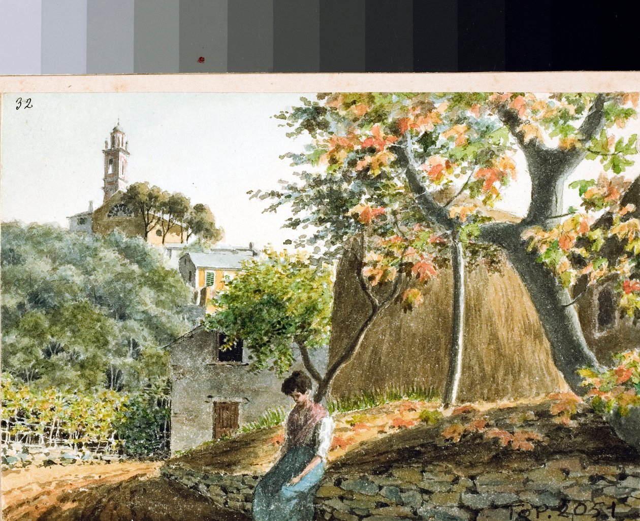 Utsikt över kyrkan San Bartolomeo på berget Staglieno, Genua (teckning och akvarell, ca 1825) av Luigi Garibbo
