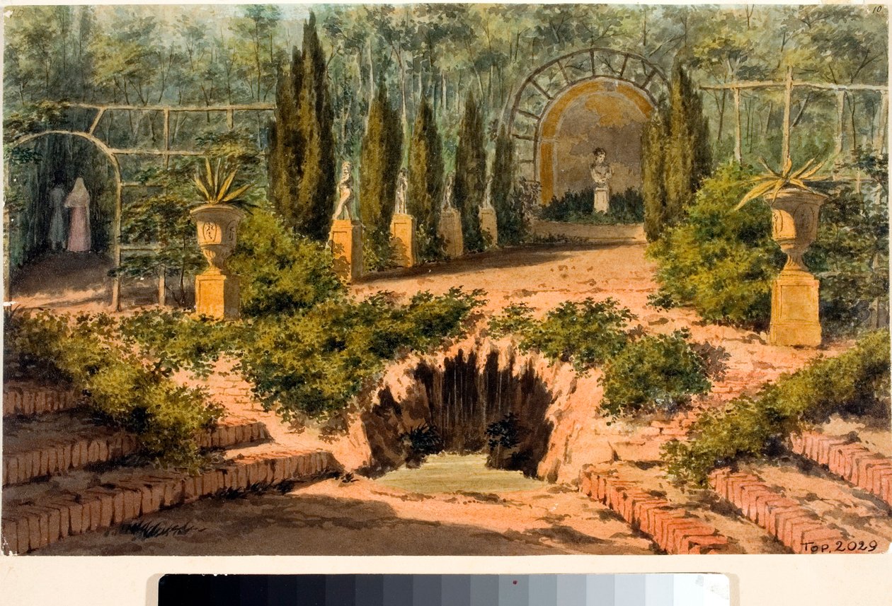 Utsikt över trädgården till villan Doria a Pegli nära Genua (akvarell, cirka 1825) av Luigi Garibbo