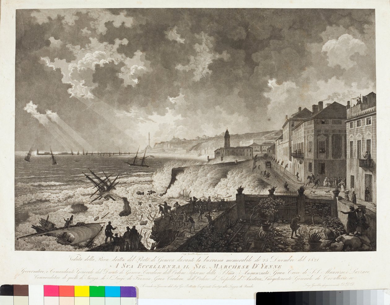 Utsikt över hamnen i Genua under stormen den 25/12/1821 (gravyr, ca 1821) av Luigi Garibbo