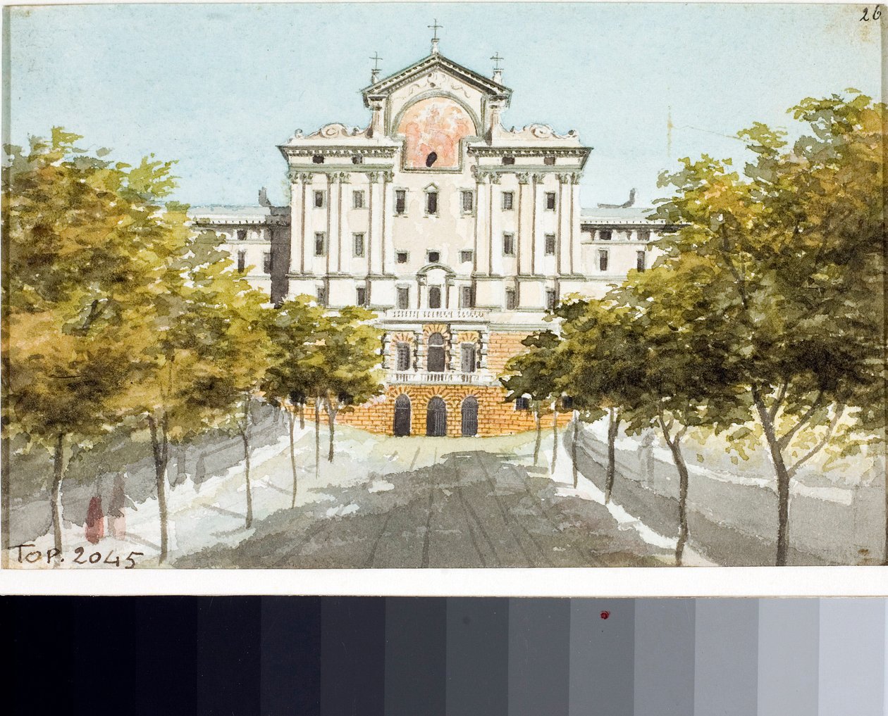 Utsikt över de fattigas hospice i Genua (Teckning och akvarell, ca 1825) av Luigi Garibbo