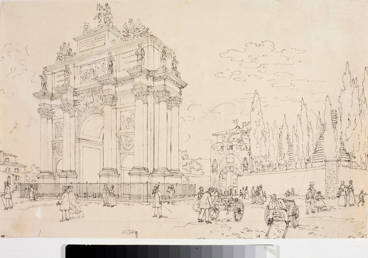 Utsikt över triumfbågen i Porta san Gallo, Florens (ritning, ca 1825) av Luigi Garibbo