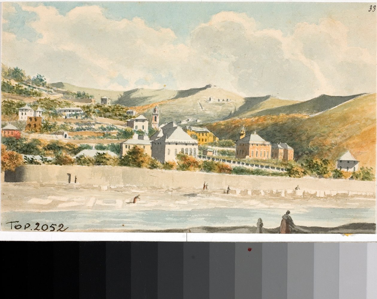 Utsikt över Marassi-kullen med klocktorn i Santa margherita-kyrkan nära Genua (akvarell, ca 1825) av Luigi Garibbo