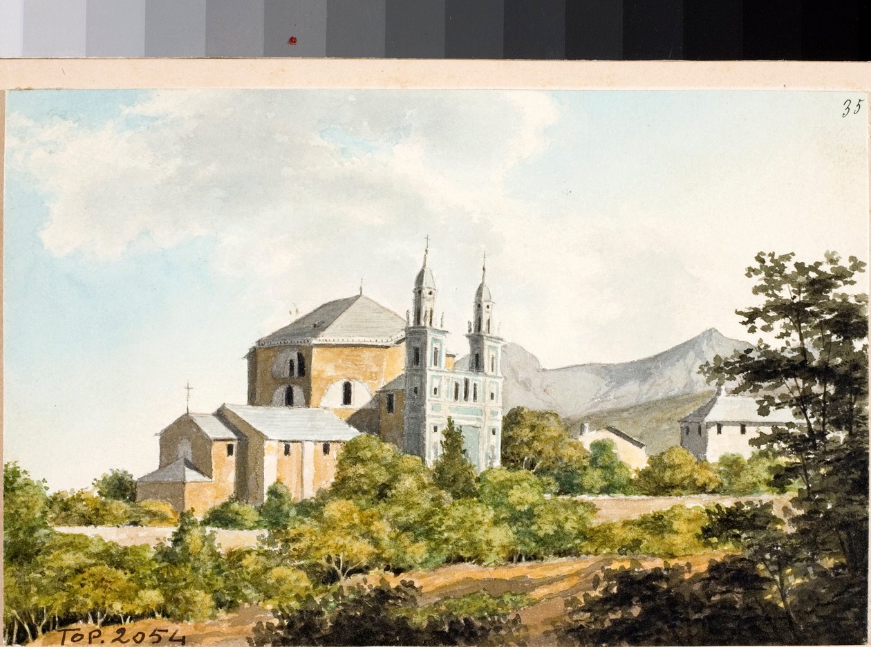 Utsikt över kyrkan ss Nazarius och Celsus i Arenzano, Genua (akvarell, ca 1825) av Luigi Garibbo